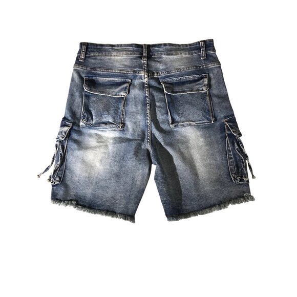 Cast Mens Distressed Denim Cargo Shorts Frayed Hem & Pockets - Picture 2 of 9